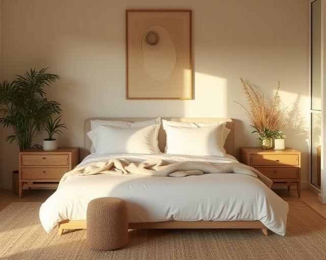 Elegant bedroom interior design at a Byron Bay retreat with natural materials, 2023