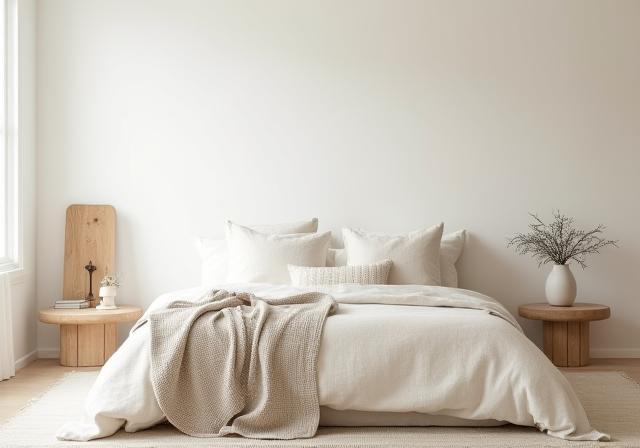 Minimalist coastal bedroom with neutral palette and textured linens, 2023
