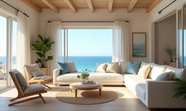 Seaside villa interior with light airy living room and coastal accents