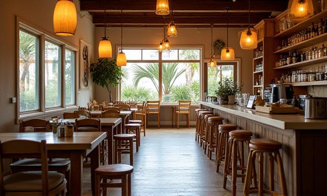 Bright coastal cafe interior with custom furniture and decorative lighting
