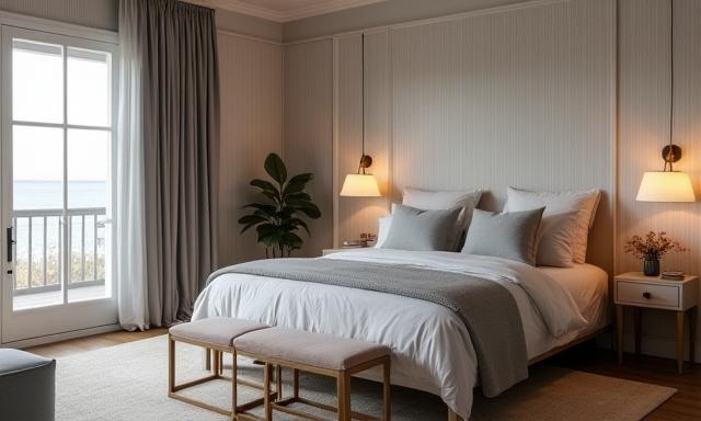 Tranquil bay house bedroom with bespoke furniture and fabric textiles