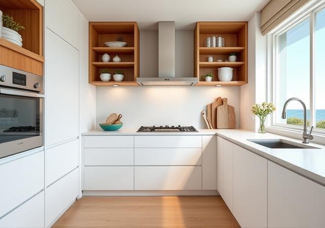 Modern coastal kitchen with light cabinetry and warm accents, 2021