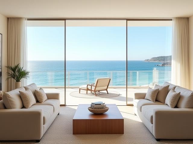Spacious living room with coastal decor and Bondi beach views in Sydney, 2022