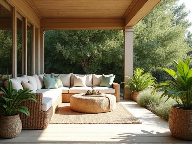 Outdoor verandah lounge space with coastal furnishings and lush greenery, 2022