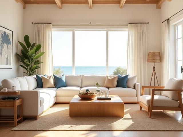 Custom handcrafted wooden furniture in a bright coastal living room