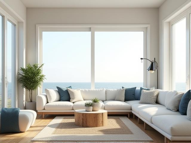 3D visualisation of a modern coastal living room with comfortable furnishings and natural light