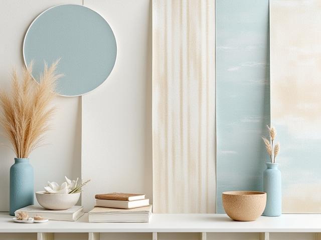 Sample gallery of coastal-inspired wallpaper and fabric swatches displayed neatly