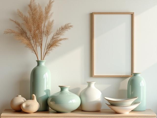 Coastal decor accents including ceramics, vases and wall art