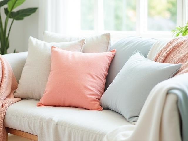 Coastal themed textiles with cushions and throws in soft colors