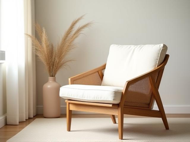 Ergonomic beachwood armchair with woven detailing